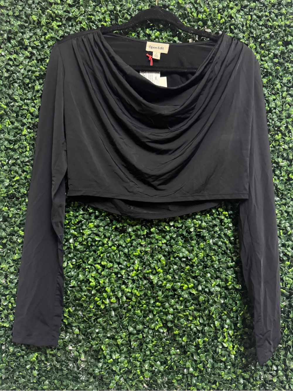 Open Edit Black Cropped Draped Long-Sleeve Top